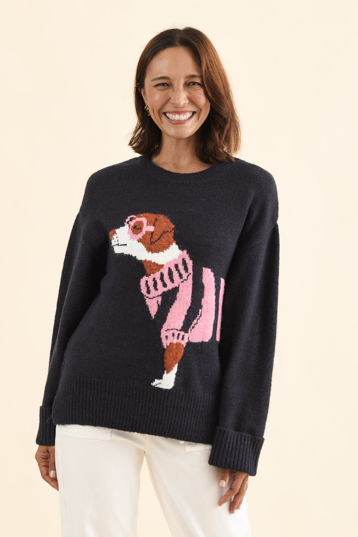Annie Navy Terrier Sweatshirt,Front,Brunette model,alt text|model:Cara