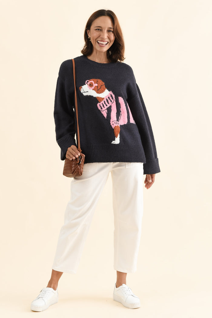 Annie Navy Terrier Sweatshirt,Full Body,Brunette model,alt text|model:Cara