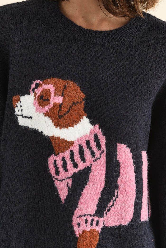Annie Navy Terrier Sweatshirt,Detail,Brunette model,alt text|model:Cara