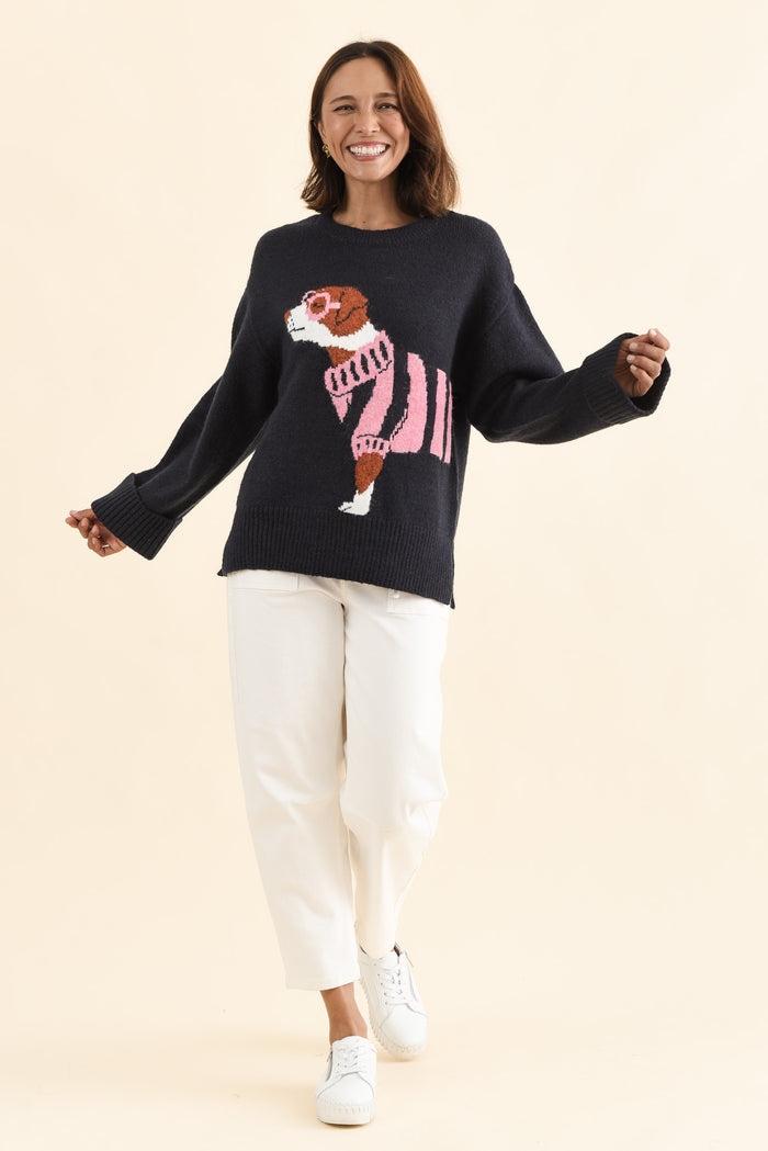Annie Navy Terrier Sweatshirt,Full Body,Brunette model,alt text|model:Cara