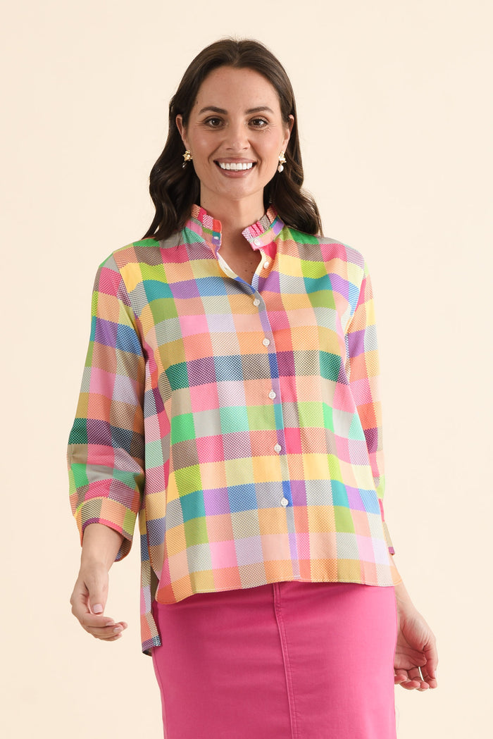 Antonia Pink Check Cotton Shirt,brunette model,Front of Outfit,alt text|model:MJ