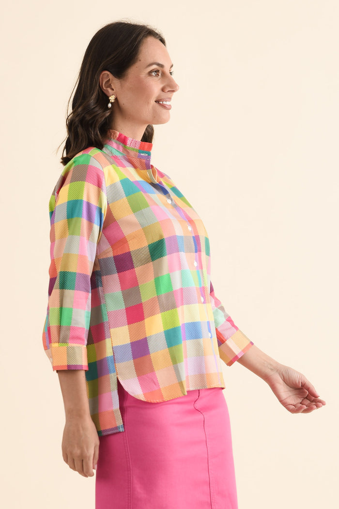 Antonia Pink Check Cotton Shirt,brunette model,Side of Outfit,alt text|model:MJ