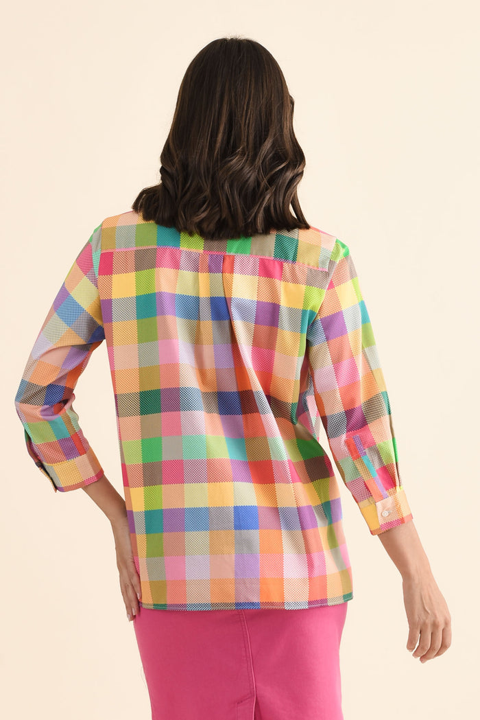 Antonia Pink Check Cotton Shirt,brunette model,Back of Outfit,alt text|model:MJ