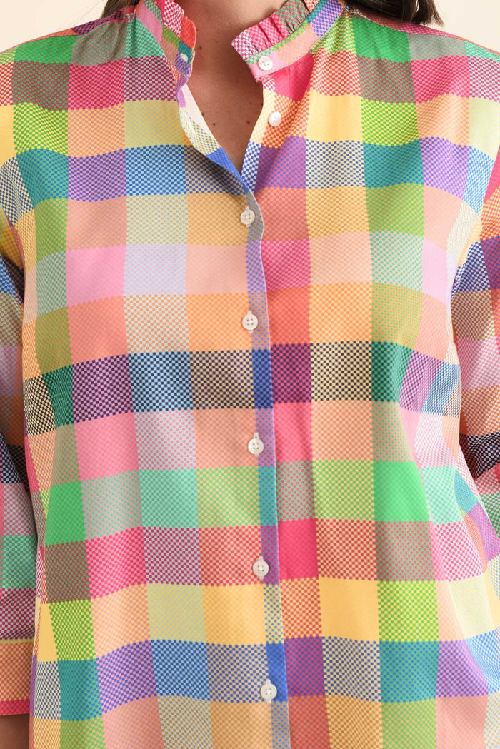 Antonia Pink Check Cotton Shirt,brunette model,Close up of outfit,alt text|model:MJ