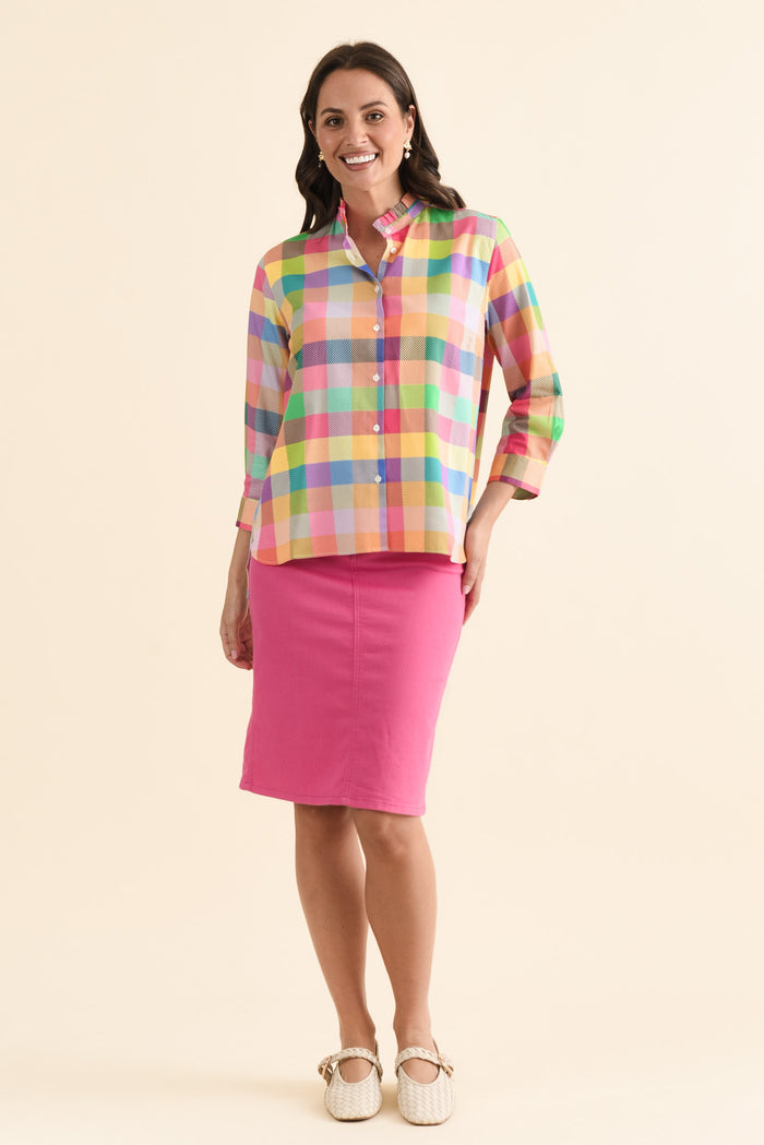 Antonia Pink Check Cotton Shirt,brunette model,Full Outfit,alt text|model:MJ