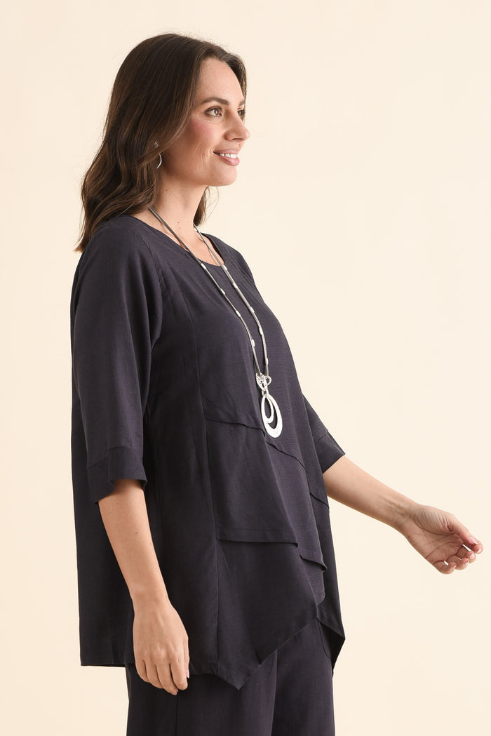 Anya Dark Blue Linen Cotton Top,Side,Brunette model,alt text|model:MJ