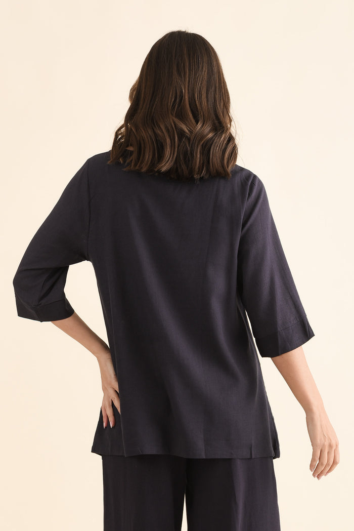 Anya Dark Blue Linen Cotton Top,Back,Brunette model,alt text|model:MJ