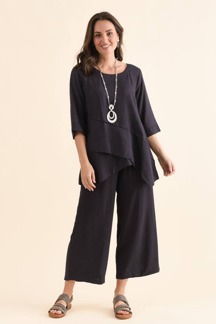 Anya Dark Blue Linen Cotton Top,Full Body,Brunette model,alt text|model:MJ