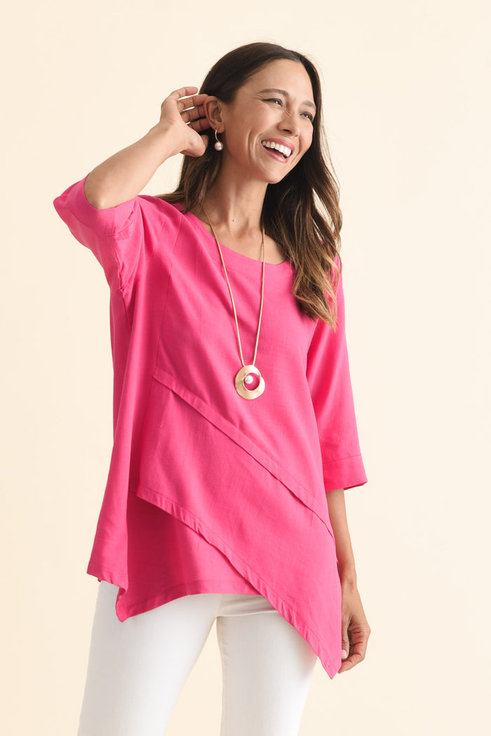 Anya Hot Pink Linen Cotton Top,Brunette model,alt text|model:Cara