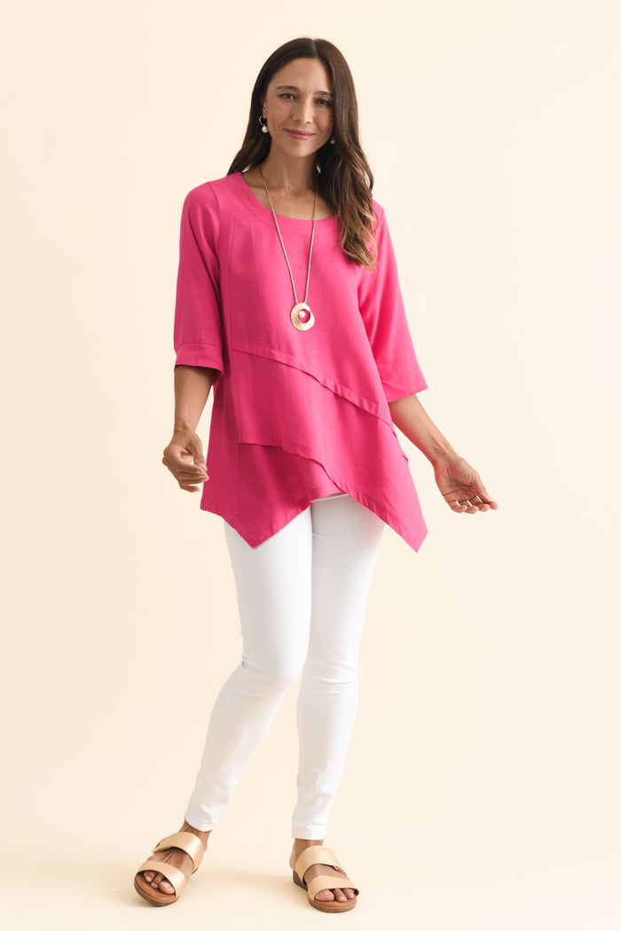 Anya Hot Pink Linen Cotton Top,Brunette model,alt text|model:Cara