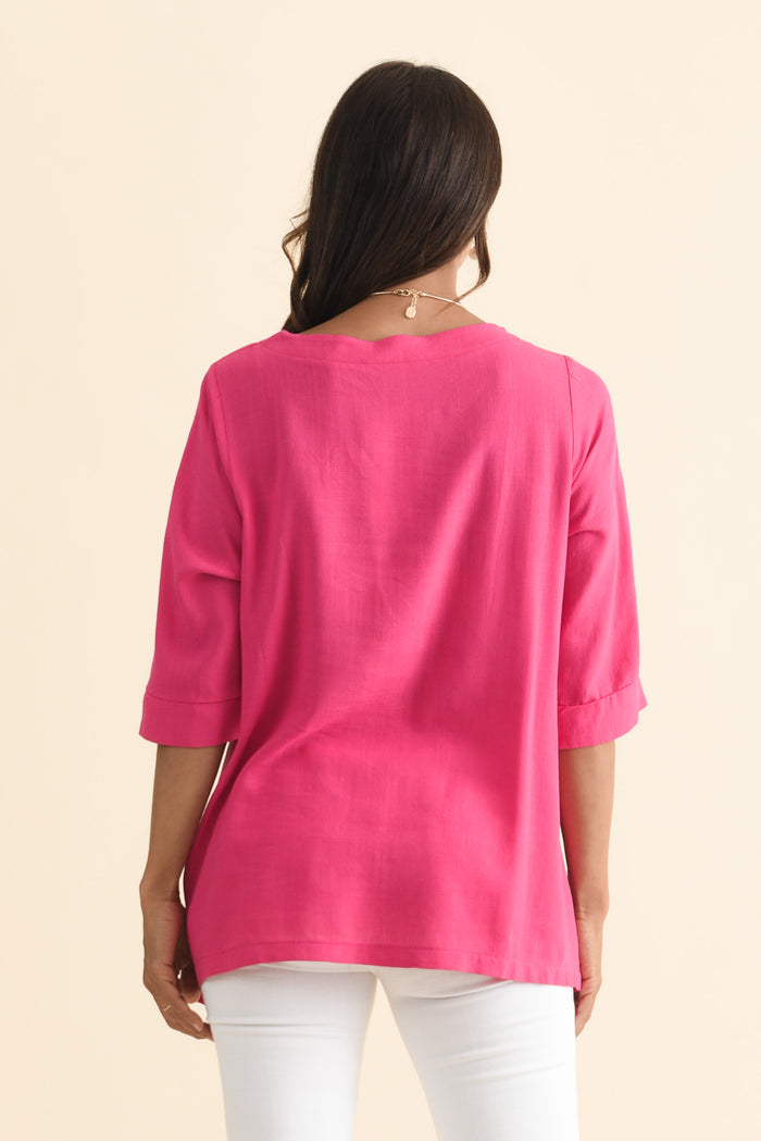 Anya Hot Pink Linen Cotton Top,Brunette model,alt text|model:Cara