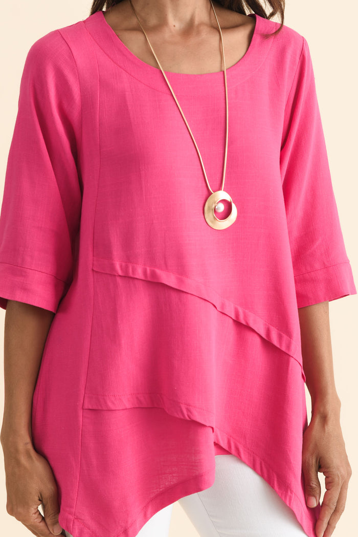 Anya Hot Pink Linen Cotton Top,Brunette model,alt text|model:Cara
