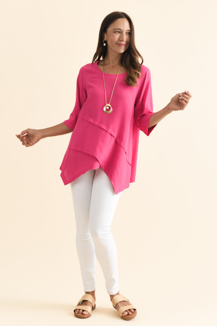 Anya Hot Pink Linen Cotton Top,Brunette model,alt text|model:Cara