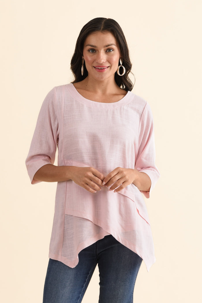 Anya Light Pink Linen Cotton Top,Brunette model,alt text|model:Brontie
