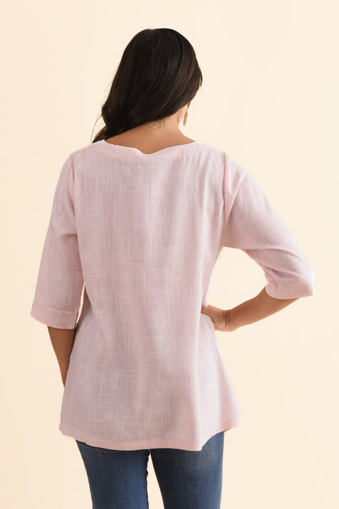Anya Light Pink Linen Cotton Top,Brunette model,alt text|model:Brontie