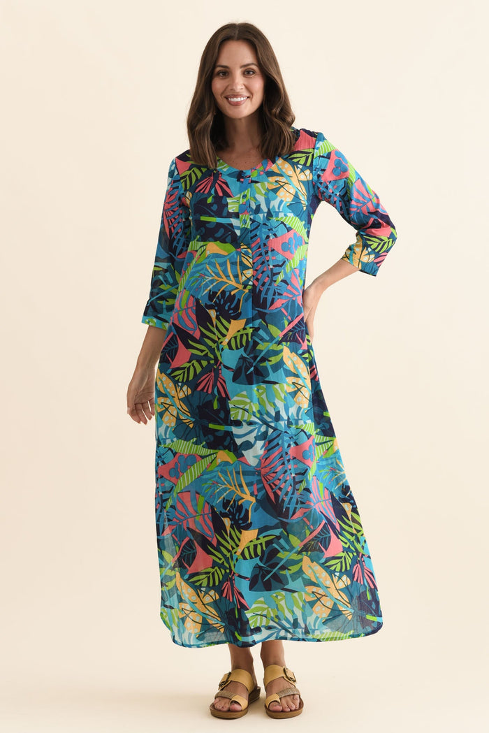 Apia Blue Jungle Cotton Maxi Dress,Brunette model,alt text|model:MJ