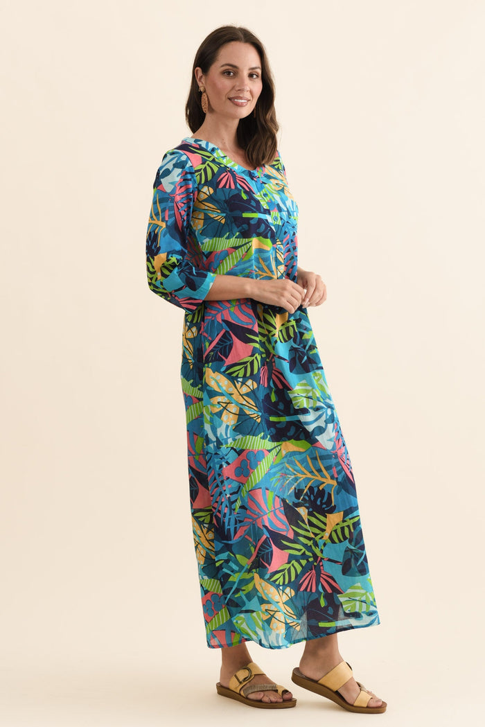 Apia Blue Jungle Cotton Maxi Dress,Brunette model,alt text|model:MJ