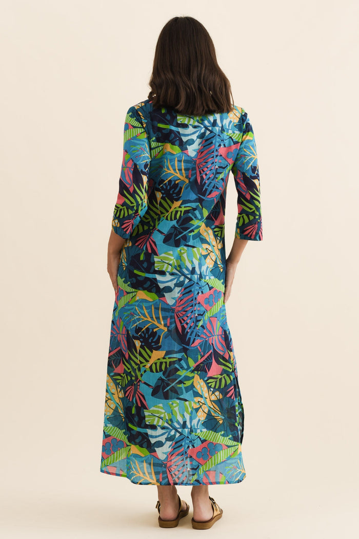 Apia Blue Jungle Cotton Maxi Dress,Brunette model,alt text|model:MJ