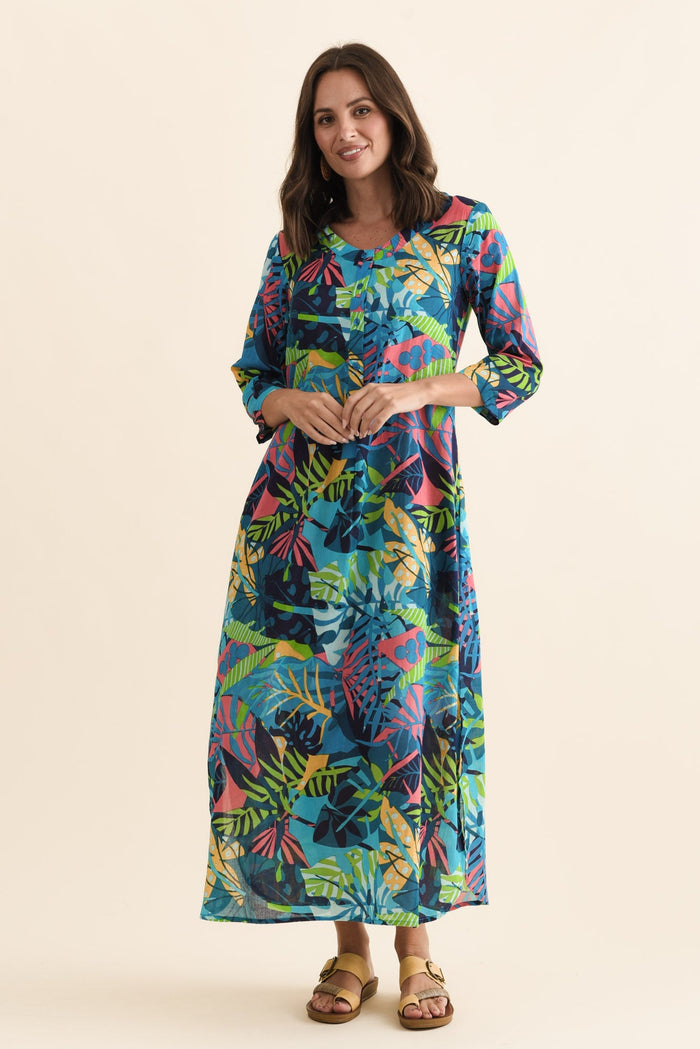 Apia Blue Jungle Cotton Maxi Dress,Brunette model,alt text|model:MJ