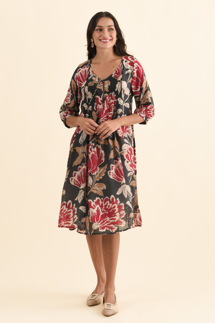 Arcadia Green Floral Button Dress,Brunette model,alt text|model:Brontie