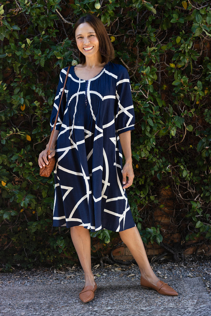 Arcadia Navy Abstract Button Dress,Lifestyle