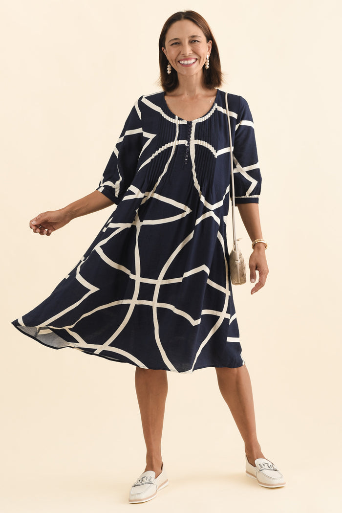 Arcadia Navy Abstract Button Dress,Brunette model,alt text|model:Cara