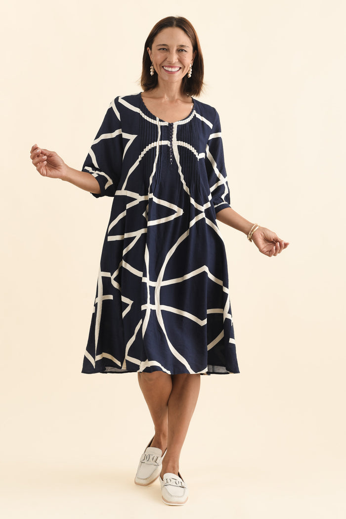 Arcadia Navy Abstract Button Dress,Brunette model,alt text|model:Cara