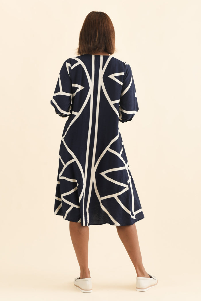 Arcadia Navy Abstract Button Dress,Brunette model,alt text|model:Cara