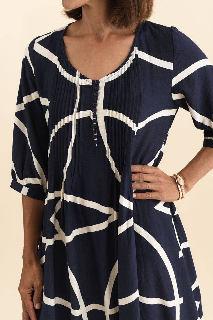 Arcadia Navy Abstract Button Dress,Brunette model,alt text|model:Cara