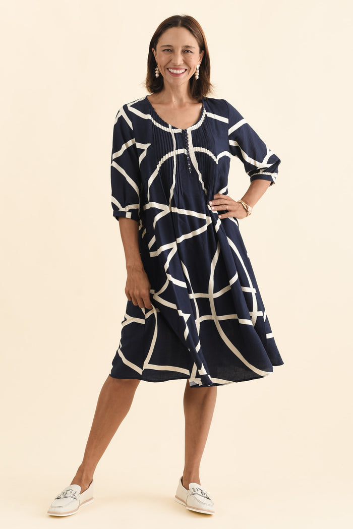 Arcadia Navy Abstract Button Dress,Brunette model,alt text|model:Cara