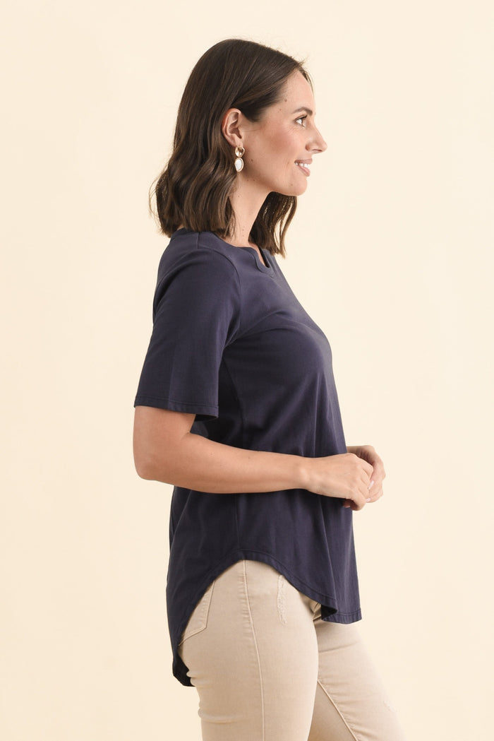 Ariana Navy Cotton Tee,Brunette model,alt text|model:MJ