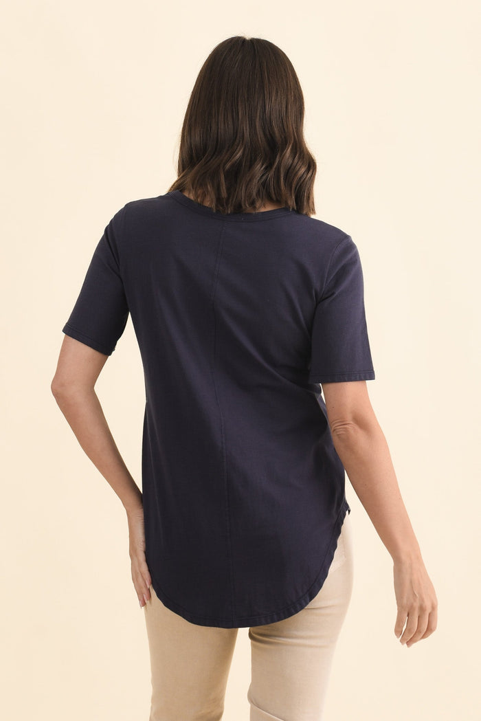 Ariana Navy Cotton Tee,Brunette model,alt text|model:MJ