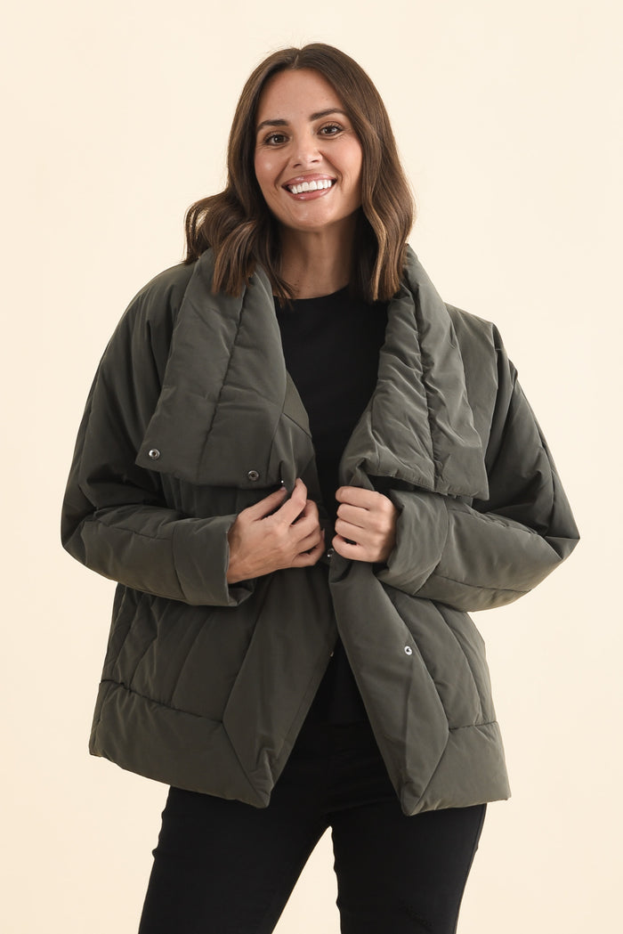 Arica Charcoal Wrap Puffer Jacket,Brunette model,alt text|model:MJ