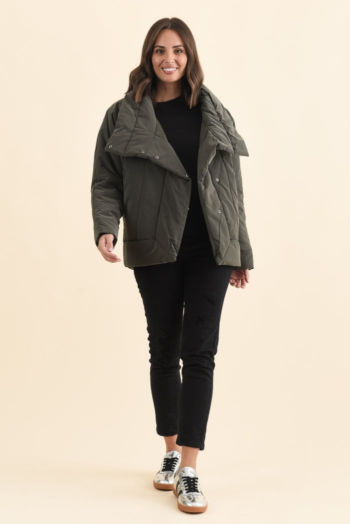 Arica Charcoal Wrap Puffer Jacket,Brunette model,alt text|model:MJ