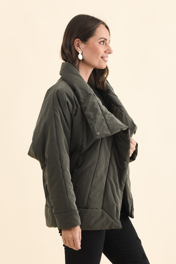 Arica Charcoal Wrap Puffer Jacket,Brunette model,alt text|model:MJ