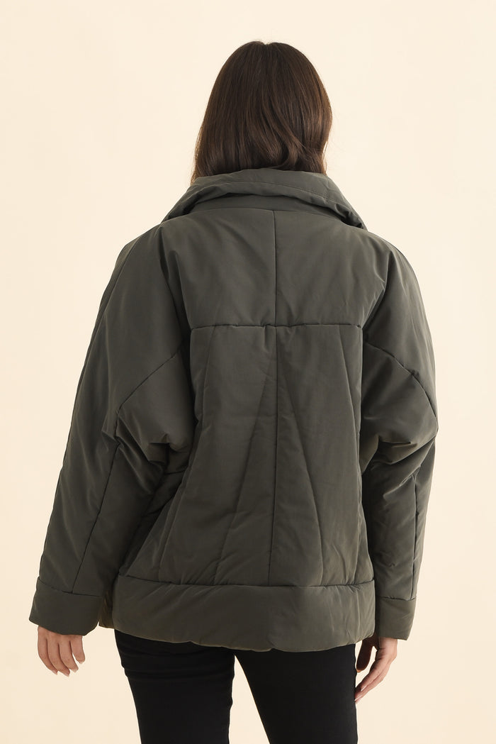Arica Charcoal Wrap Puffer Jacket,Brunette model,alt text|model:MJ