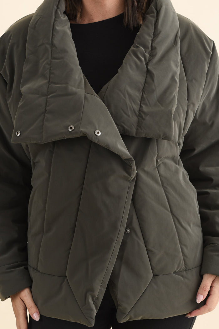 Arica Charcoal Wrap Puffer Jacket,Brunette model,alt text|model:MJ