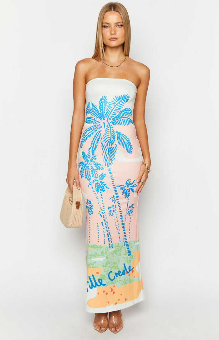 Strapless bodycon maxi dress with a vibrant pink and blue palm tree beach print and 'Ville Crede' text