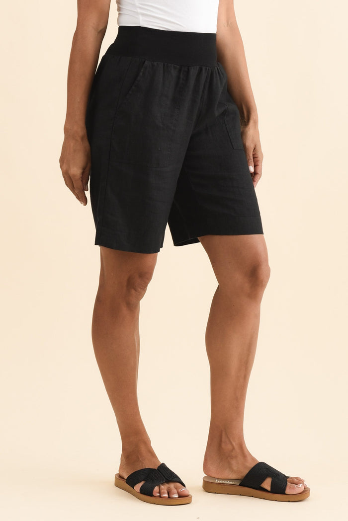 Aster Black Linen Shorts,Brunette model,alt text|model:Cara