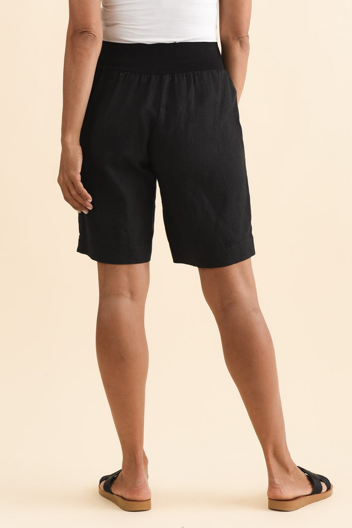 Aster Black Linen Shorts,Brunette model,alt text|model:Cara