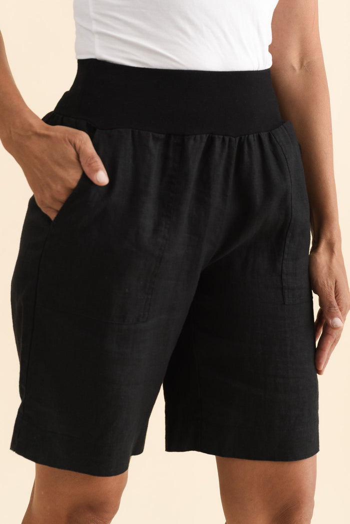 Aster Black Linen Shorts,Brunette model,alt text|model:Cara