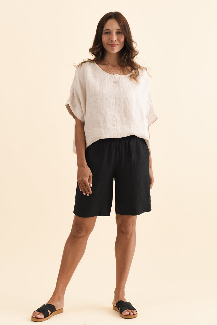 Aster Black Linen Shorts,Brunette model,alt text|model:Cara