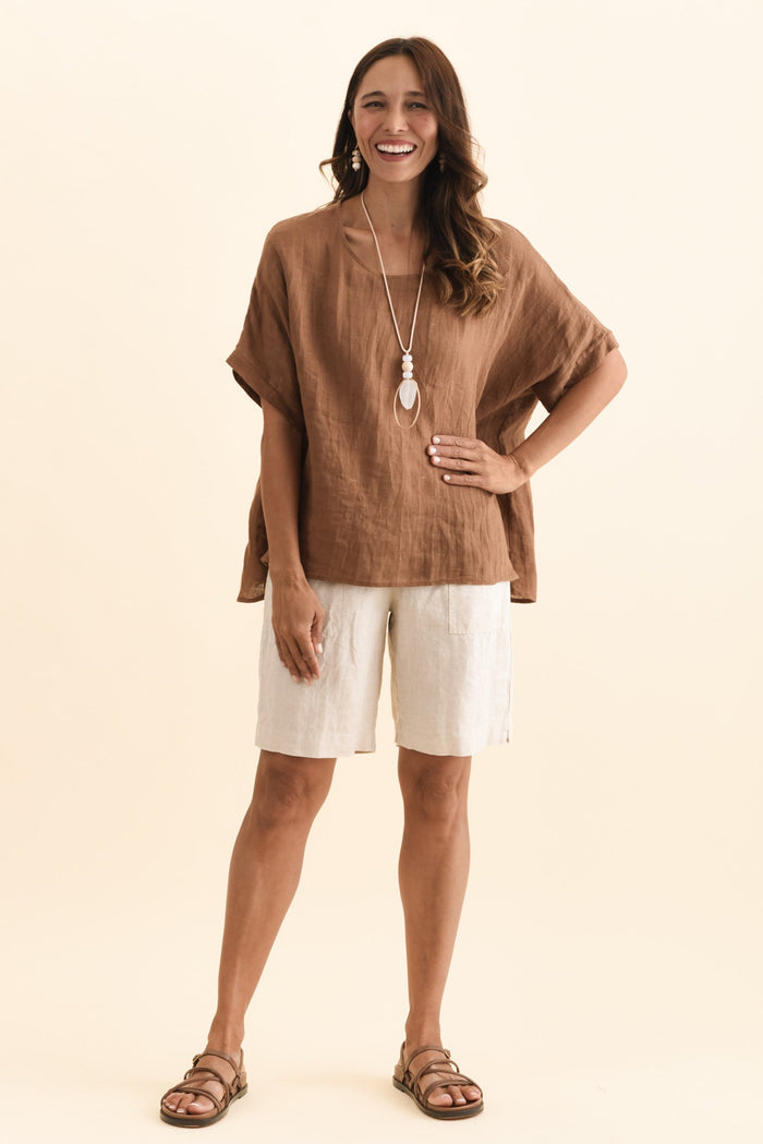 Aster Natural Linen Shorts,Brunette model,alt text|model:Cara