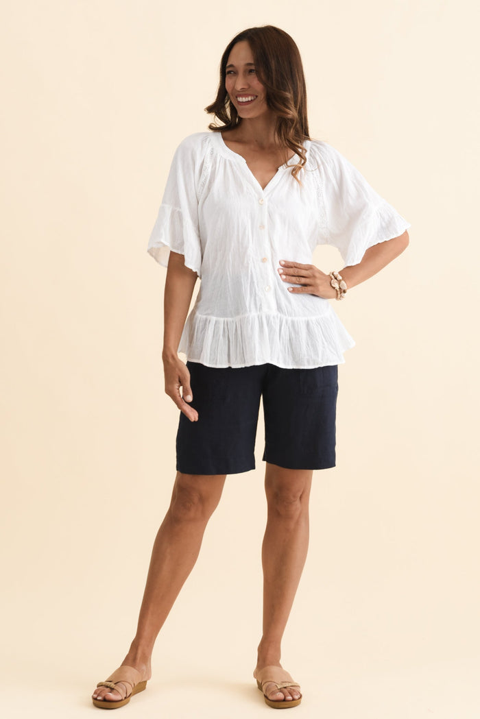 Aster Navy Linen Shorts,Brunette model,alt text|model:Cara