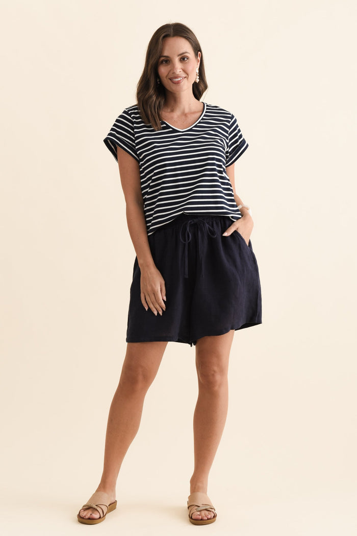 Astoria Navy Linen Drawstring Shorts,Brunette model,alt text|model:MJ