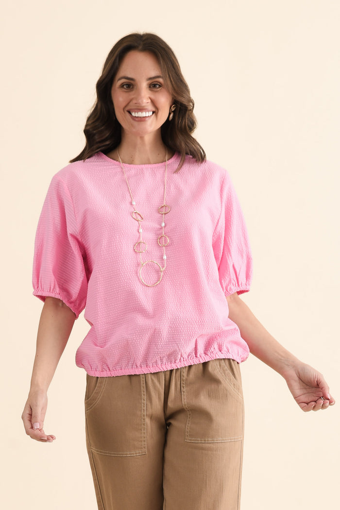 Astrid Pink Cotton Textured Top,brunette model,Front of Outfit,alt text|model:MJ