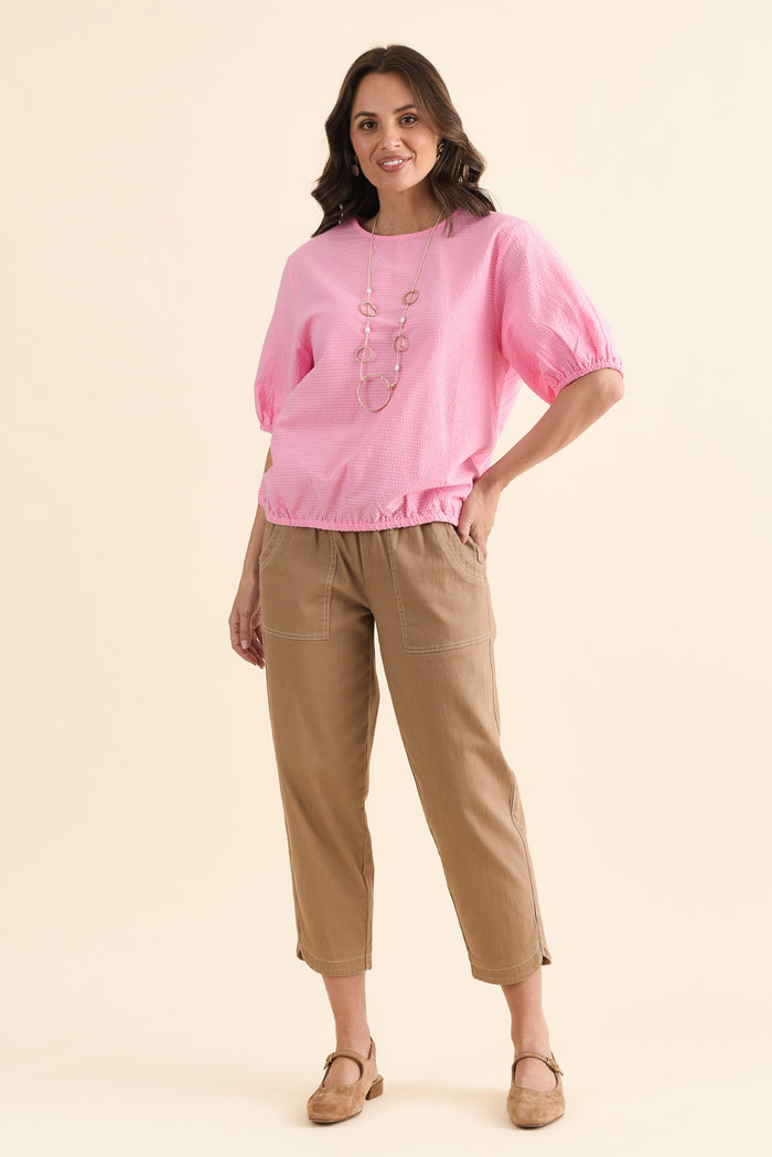 Astrid Pink Cotton Textured Top,brunette model,Full Outfit,alt text|model:MJ