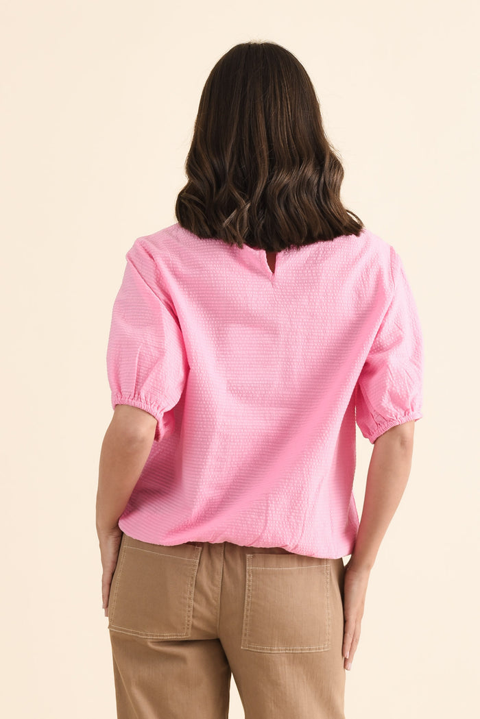 Astrid Pink Cotton Textured Top,brunette model,Back of Outfit,alt text|model:MJ