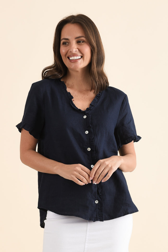 Audrey Navy Linen Button Top,Front,Brunette model,alt text|model:MJ