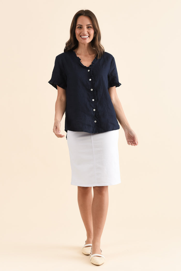 Audrey Navy Linen Button Top,Full Body,Brunette model,alt text|model:MJ